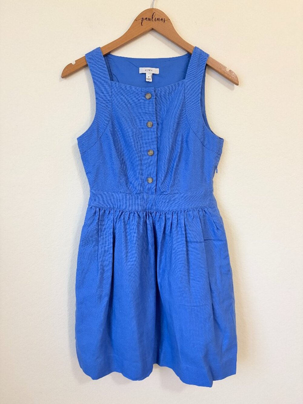J Crew Dress Womens 4 Blue Linen Button Front Summer Brunch A-Line